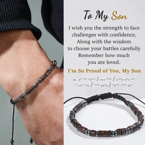 Morse Code Bracelet: Proud of You Secret Message, Gift for Son, Grandson - Wooden Beads