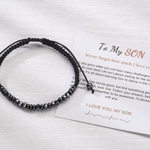 Pulsera de cuentas de madera con código Morse: mensaje secreto de "Te amo", regalo para mi hijo.