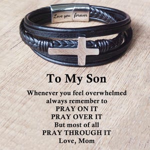 To My Son Leather Cross Bracelet: Personalized Stainless Steel, Gift From Mom