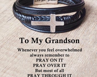 Grandson Leather Cross Bracelet: Personalized Men&#39;s Gift