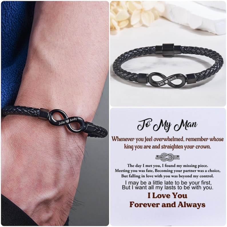May include: Black leather bracelet with an infinity symbol charm engraved with the names "Julie" and "Andy". The bracelet is shown on a person's wrist. The image also includes a card with the text "To My Man" and a message about love and commitment.