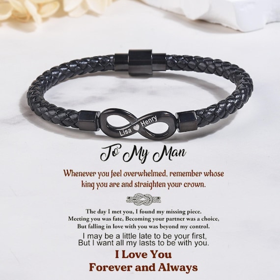 Personalized Infinity Leather Bracelet for Men: Engraved Names, To My Man Soulmate Gift