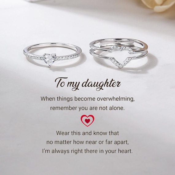 Sterling Silver Heart Ring Set: Daughter Mom Gift, Pave Cubic Zirconia