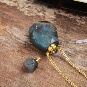 Natural Labradorite Perfume Bottle Necklacee, Classic Perfume Bottle Connector Pendant, Faceted Crystal Stone Bottle Vial, Gift for Mom