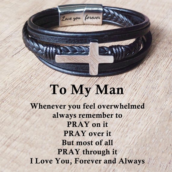 Men's Leather Cross Bracelet, Personalized Stainless Steel Clasp, Gift for Him