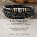 Grandson Leather Bracelet, Stainless Steel, Birthday Christmas Graduation Gift