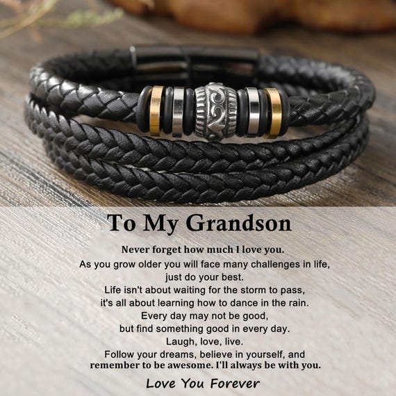 Grandson Leather Bracelet, Stainless Steel, Birthday Christmas