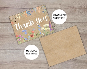 Printable Blank Wildflower Floral Thank You Card, Bridal Baby Shower Thank You, Small Business Thank You, Blank, Printable, Instant Download