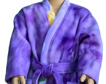 Kids' Robe - Purple Tie Dye Blizzard Fleece - Two Patch Pockets With Butterfly Motif - Size  Extra Small - 1 to 2 Years - Handmade - KR004