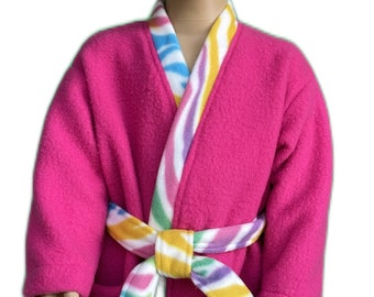 Childrens' Robe - Pink Blizzard Fleece with Zebra Trim  - Two Patch Pockets - Size Extra Small - 1 to 2 Years - Handmade -  KR003