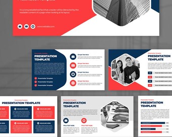 Op de afbeelding: Een digitale presentatiesjabloonset met een rood, wit en donkerblauw kleurenschema. De lay-out bevat diverse dia's met tijdelijke aanduidingen voor tekst, grafieken en zwart-witfotografie, die zakelijke merkelementen tonen.
