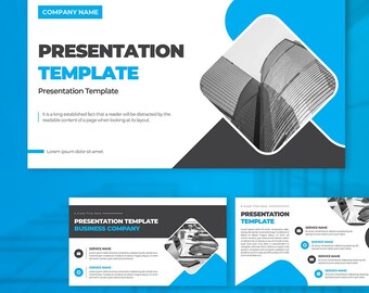 Op de afbeelding: Een digitale presentatiesjabloonset met een wit, zwart en blauw kleurenschema. De lay-outs bevatten geometrische vormen, tijdelijke aanduidingen voor tekst en cirkelvormige kaders voor afbeeldingen, met diverse zakelijke slide-ontwerpen.