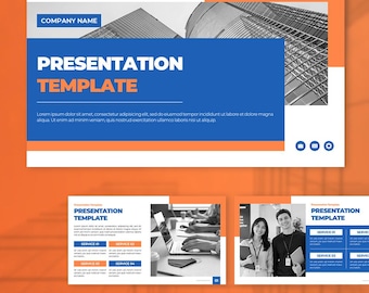Op de afbeelding: Een digitale presentatiesjabloon met een professionele lay-out met oranje en blauwe kleurblokken, inclusief zwart-witfoto's van kantooromgevingen, wolkenkrabbers en zakelijke professionals, met tijdelijke aanduidingstekst.