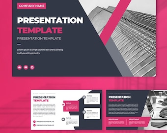 Op de afbeelding: Een digitale presentatiesjabloonset met een donkergrijs en felroze kleurenschema. De lay-outs bevatten geometrische vormen, tijdelijke tekst, iconen en zwart-wit fotografie met architectuur- of kantoorthema's op alle dia's.