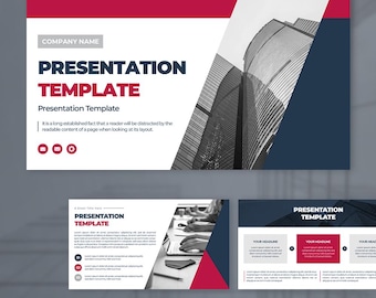 Op de afbeelding: Een digitale presentatiesjabloonset met een donkerblauw en magentakleurig schema op witte achtergronden. De lay-out bevat dia's met wolkenkrabberfotografie, tekstplaatsaanduidingen, ronde iconen, staafdiagrammen en profielen van teamleden.