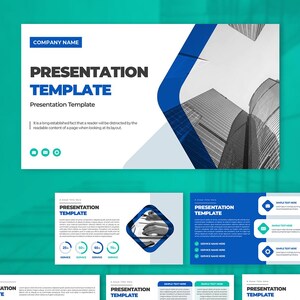 May include: A digital presentation template set featuring a white and blue color scheme with geometric shapes, skyscraper imagery, bar charts, circular progress indicators, and placeholder text for corporate business slides and layouts.