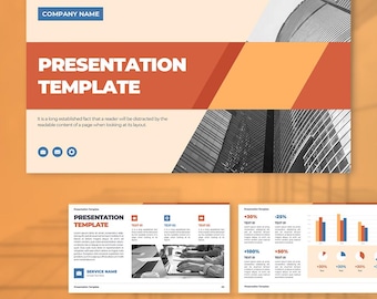 Op de afbeelding: Een digitale presentatiesjabloon met een professionele lay-out in oranje, wit en blauw. Het bevat diverse dia's met tijdelijke aanduidingen voor tekst, grafieken, diagrammen en iconen, wat zorgt voor een strak en gestructureerd zakelijk ontwerp.