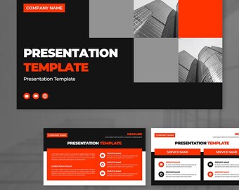 Op de afbeelding: Een digitale presentatiesjabloonset met een zwart, wit en oranje kleurenschema. De lay-out bevat diverse slide-ontwerpen met tijdelijke aanduidingen voor tekst, grafieken en afbeeldingen, met de tekst "PRESENTATION TEMPLATE" overal weergegeven.