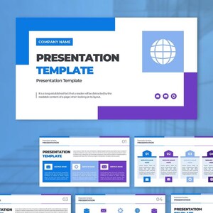 Könnte beinhalten: Eine digitale Präsentationsvorlage mit weißem Hintergrund und geometrischen Akzenten in Blau und Violett. Das Layout enthält Textfelder mit COMPANY NAME, PRESENTATION TEMPLATE und Platzhaltertext sowie ein Globus-Symbol und verschiedene Service-Icons.