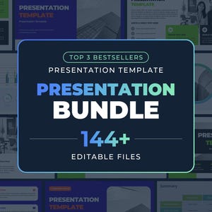 May include: A digital presentation template bundle featuring a dark blue central panel with the text TOP 3 BESTSELLERS, PRESENTATION TEMPLATE, PRESENTATION BUNDLE, 144+, and EDITABLE FILES, surrounded by a collage of various slide layout examples.