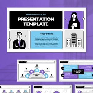 May include: A digital presentation template featuring a large black header with the text PRESENTATION TEMPLATE, a light blue text box, and illustrations of a professional in a suit, a person holding a document, and a building icon on a purple background.