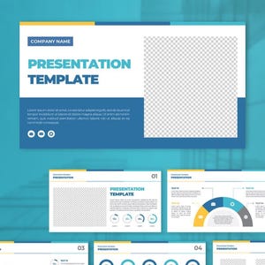 Könnte beinhalten: Eine digitale Präsentationsvorlage in Blau, Weiß und Gelb. Das Layout enthält Platzhalter für Bilder, Textblöcke mit Lorem Ipsum, Symbole und kreisförmige Datendiagramme. Der Text lautet COMPANY NAME und PRESENTATION TEMPLATE.