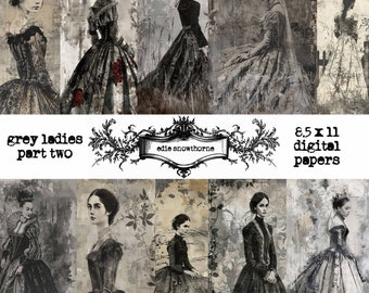 Vintage Victorian Grey Ladies - 10 Unique Artistic Images, Digital Download, Commercial Use, Scrapbook, Junk Journal