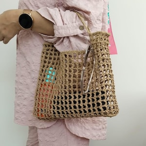 Mesh Straw Summer Bag,Mesh Raffia Woven Bag,Mesh Straw Raffia Shoulder Bag,Mesh  Beach, Crochet Weave Raffia Beach Bag,Raffia Tote