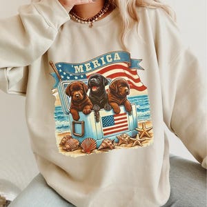 Merica Puppy Beach Graphic T-shirt, Patriotic Dog Graphic Hoodie, USA Flag and Cooler Sweater, 4th of July Summer Tee, Cute American Shirt