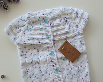 Handknit Baby Vest, White with blue and purple details, *one of a kind*