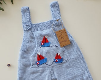 Handknit Baby Bodysuit, Baby-blue, Sailor Ship Crochet Details ,*one of a kind*