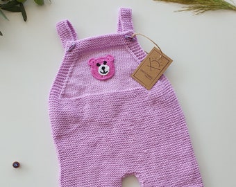 Handknit Baby Bodysuit, Rose-Lila, Handmade Teddybear Crochet Detail ,*one of a kind*