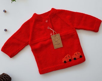 Handknit Baby Sweater, Red, Car Crochet Details,*one of a kind*