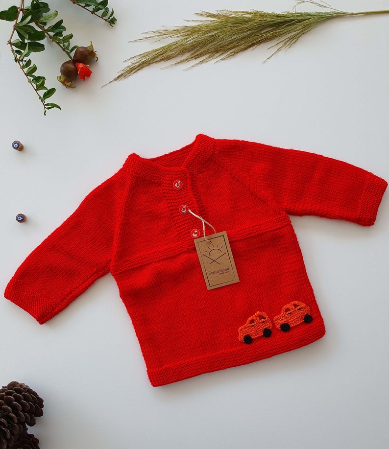 Handmade Baby Sweater, Red, Car Crochet Details,*one of a kind*