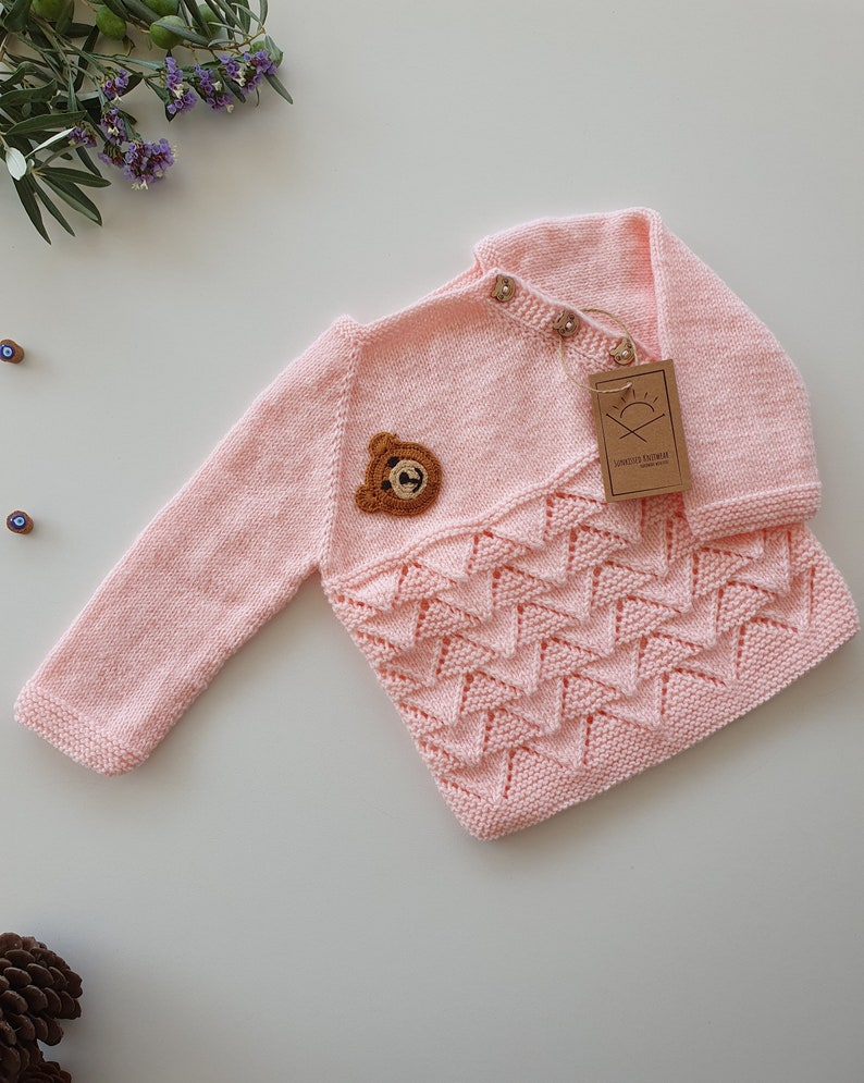 Handknit Baby Sweater, Cherry Blossom Pink, Handmade Teddybear Crochet Detail,one of a kind image 1