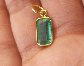 Emerald 22K Gold Plated Pendant, Gemstone Charm, 925 Sterling Silver Pendant, Natural Emerald Pendant For Necklace, Handmade Jewelry