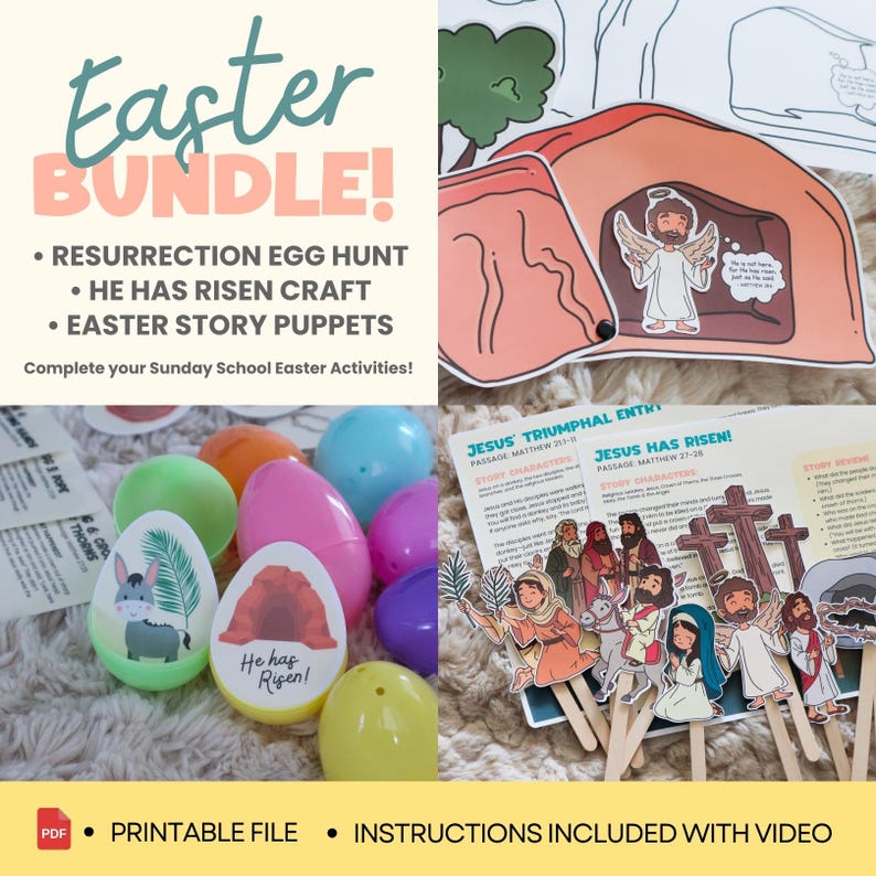 May include: An Easter bundle with printable activities for Sunday School. Includes a resurrection egg hunt, a craft, and story puppets. The image shows colorful plastic eggs, paper cutouts, and text that reads "Easter Bundle!"