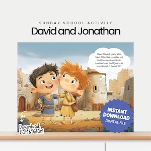 Puede incluir: Ilustración digital para una actividad de la escuela dominical con el texto "David y Jonatán". La imagen muestra a dos niños de dibujos animados abrazándose frente a un edificio de piedra. El texto incluye "¡Descarga, corta y pega!" y "Descarga instantánea, archivo digital."