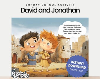 May include: A digital illustration for a Sunday School activity featuring the text "David and Jonathan." The image shows two cartoon boys embracing in front of a stone building. Text includes "Download, Cut & Glue!" and "Instant Download Digital File."