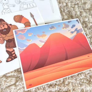 May include: A colorful illustration of a desert landscape with red mountains under a blue sky with clouds. Also visible are cartoon character cutouts and coloring pages, featuring a warrior figure with a helmet and armor, and other related elements.
