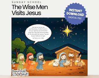 May include: A digital download illustration for Sunday School, depicting the Wise Men visiting Jesus. The image features a starry night scene with the text "The Wise Men Visits Jesus" and "Instant Download Digital File". The illustration includes the text "Download, Cut & Glue!"