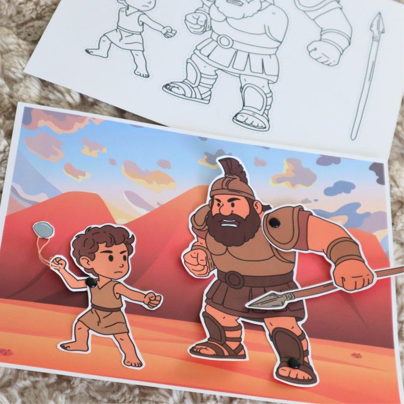 May include: A colorful illustration depicts a biblical scene with two cartoon figures. One figure is a young boy with a slingshot, facing a larger warrior holding a spear. The background features a desert landscape with mountains and a sunset.