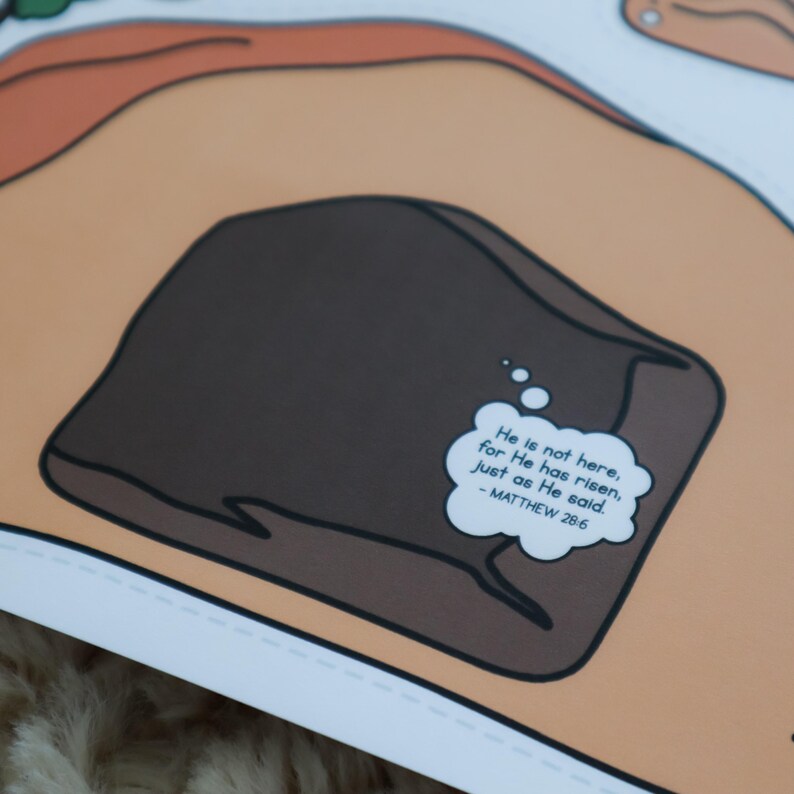 May include: An illustration depicting a brown shape with a dark outline, possibly representing a tomb. A white speech bubble contains the text "He is not here, for He has risen, just as He said. - MATTHEW 28:6". The background is tan.