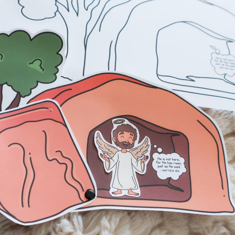May include: A colorful Easter-themed craft kit featuring a tomb with an angel sticker and the text "He is not here, for He has risen, just as He said. -MATTHEW 28:6". Includes tree and rock outline cutouts.