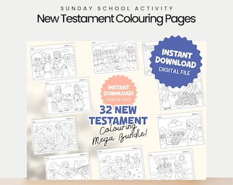 Puede incluir: Una colección de páginas para colorear del Nuevo Testamento, con varias escenas bíblicas. La imagen incluye el texto "Sunday School Activity" y "New Testament Colouring Pages". También destaca "32 New Testament Colouring Mega Bundle!" y "Instant Download! Digital Files."