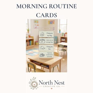 May include: A vertical clear plastic card holder displaying four morning routine cards with illustrations and text: I hang up my bag, I take out my message bag, I hang my hat, and I put my outside shoes in the bin. The text MORNING ROUTINE CARDS is above.