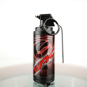 May include: A black and red cylindrical object with a pull ring and pin, featuring a stylized snake graphic and the word "Viper". The design includes a checkered pattern and gradient shading.