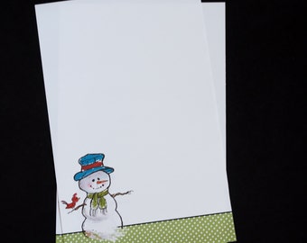 Snowman on Vintage Green, winter stationery set, 5.5 x 8.5, writing set, handwritten letters, 30 pieces, lined, unlined, pen pal, snail mail