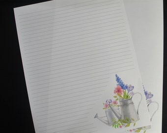 Watering Cans, stationery set, 8.5 x 11, full sheet letter set, hand written letters, lined or unlined, snail mail. watercolor flowers