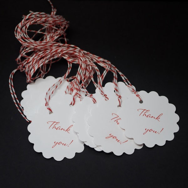 Thank you tags, hang tags, favor tags, party favors, gift tags, set of 15, red and white bakers twine, text weight glossy paper